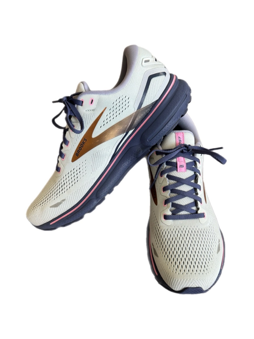 Womens Brooks Ghost 15 Running Sneakers with Navy, copper and Pink Details